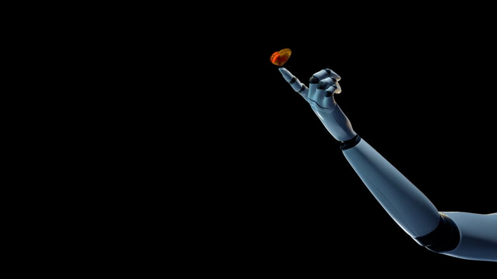 Delicate butterfly resting on advanced robotic hand showcasing harmony between natural beauty and artificial intelligence technology