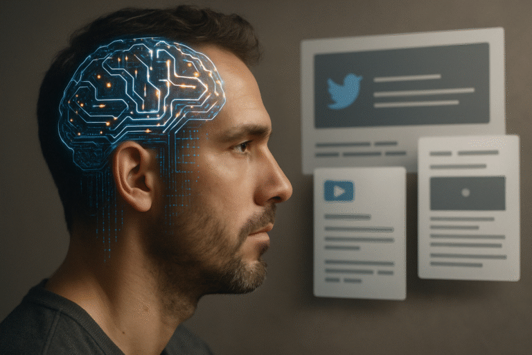 A hyper-realistic image of a man with a glowing digital brain visualizing content formats like blog posts, videos, and social media cards.