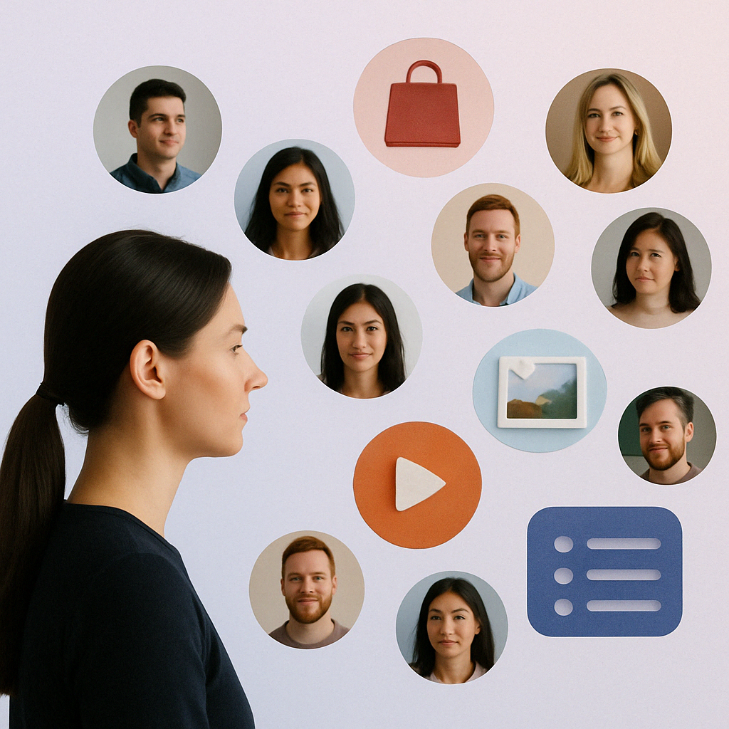 Woman surrounded by diverse user profiles and personalized content icons representing AI-driven hyper-personalization for customer loyalty.