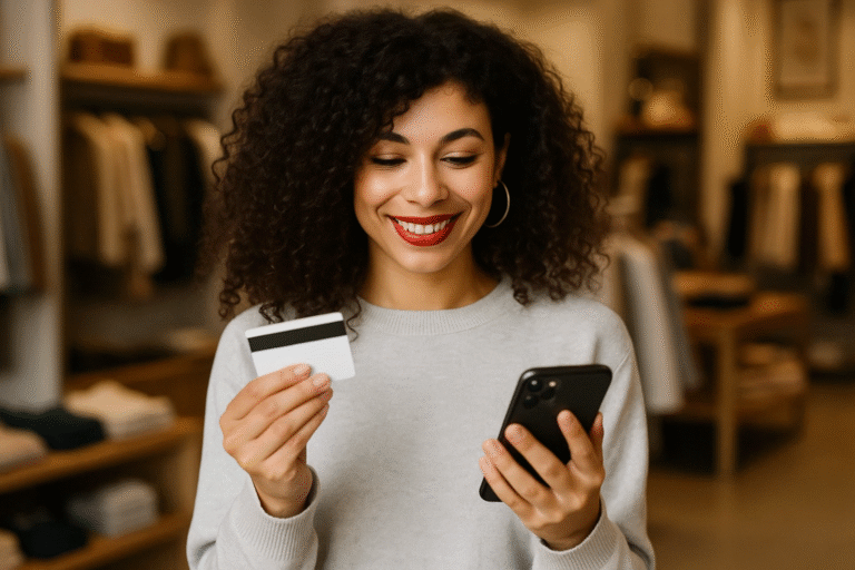 Woman using a smartphone to shop while holding a credit card in a clothing store, representing mobile-first e-commerce experience.