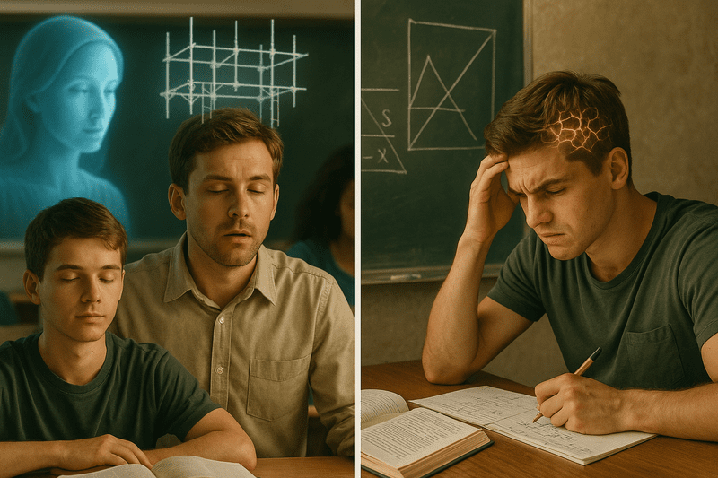 Split image showing a student receiving AI scaffolding on one side and solving a problem independently on the other, symbolizing the contrast between assisted learning and autonomy.