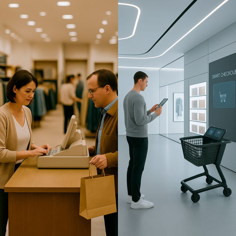 Split image showing the contrast between a traditional 2015 retail store with cashier and a futuristic 2025 smart retail environment with digital checkout and ambient technology.