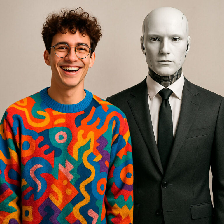 A cheerful young man in creative clothing stands next to a serious humanoid robot in a business suit and tie, symbolizing the contrast between human creativity and AI efficiency.