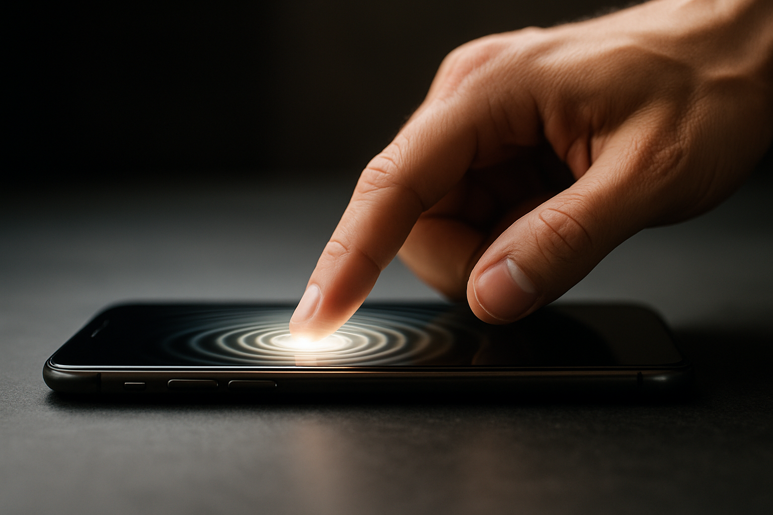 A hand tapping a smartphone screen with light waves symbolizing speed and instant user interaction