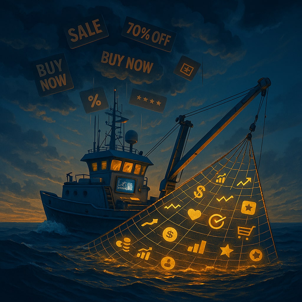 Fishing vessel navigating through digital storm of ads, casting strategic data nets to capture value—metaphor for calm, early preparation during BFCM 2025.