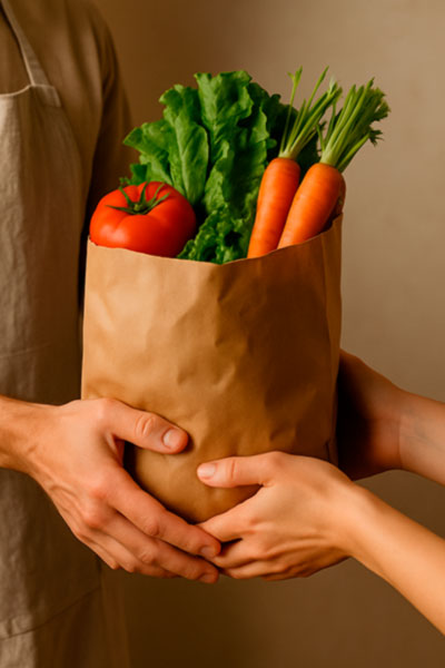 Two hands exchanging a paper grocery bag filled with fresh vegetables like tomato, lettuce, and carrots
