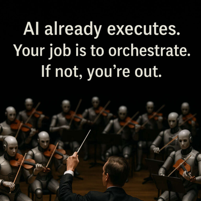 A human conductor directs a full orchestra of humanoid robots playing instruments on a dim stage, symbolizing the shift in marketing roles due to AI.