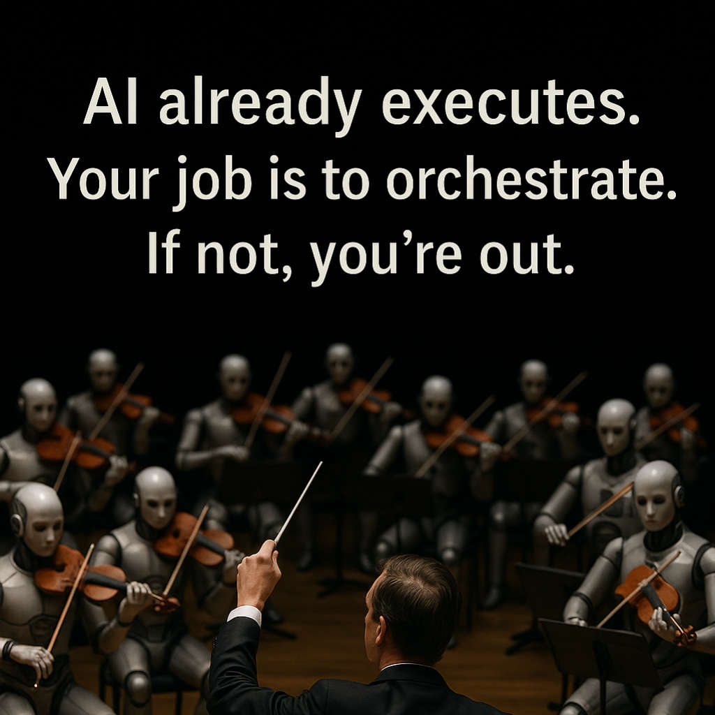 A human conductor directs a full orchestra of humanoid robots playing instruments on a dim stage, symbolizing the shift in marketing roles due to AI.