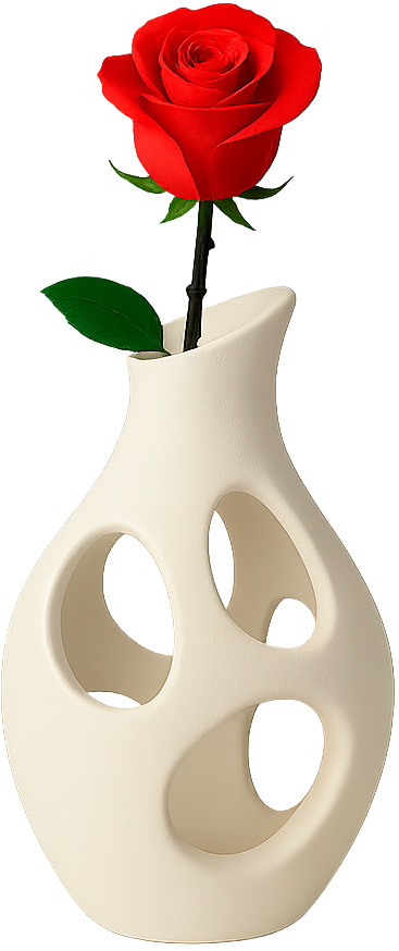 The same sculptural ceramic vase holding a red flower