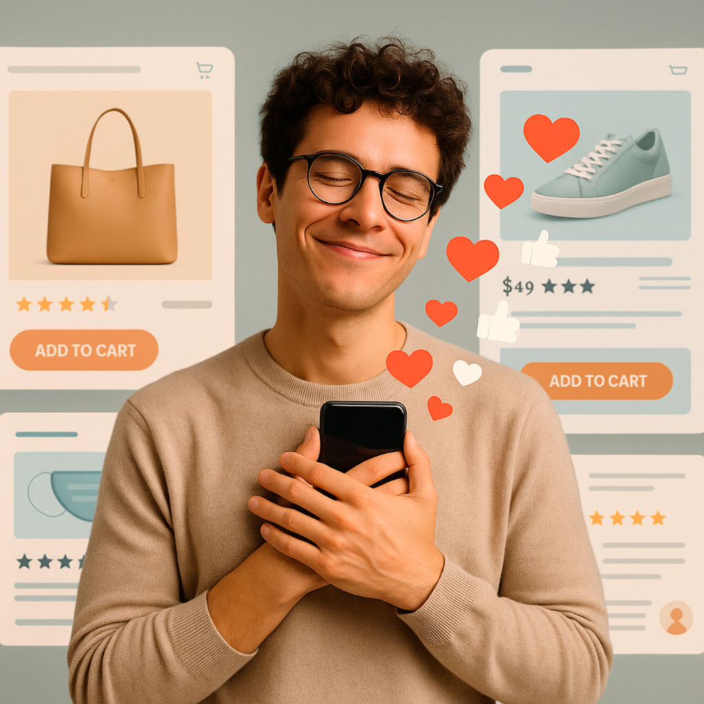 Person holding phone to chest, feeling emotionally connected, surrounded by soft interface elements and floating hearts. Visual metaphor for trust-based UX design.
