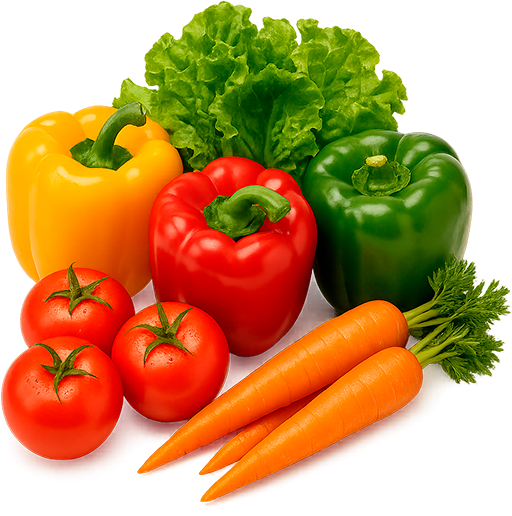 A transparent-background photograph showing a fresh arrangement of carrots, tomatoes, and lettuce—symbolizing freshness as a visual language in grocery retail.