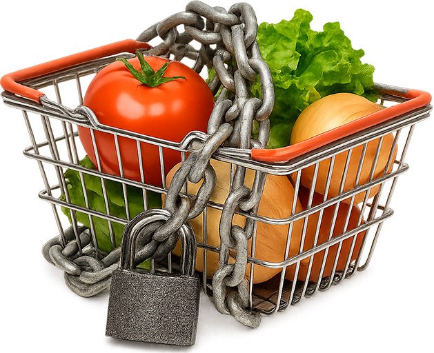 Transparent shopping basket with fresh vegetables and a smartphone inside, symbolizing mobile app convenience in grocery shopping.