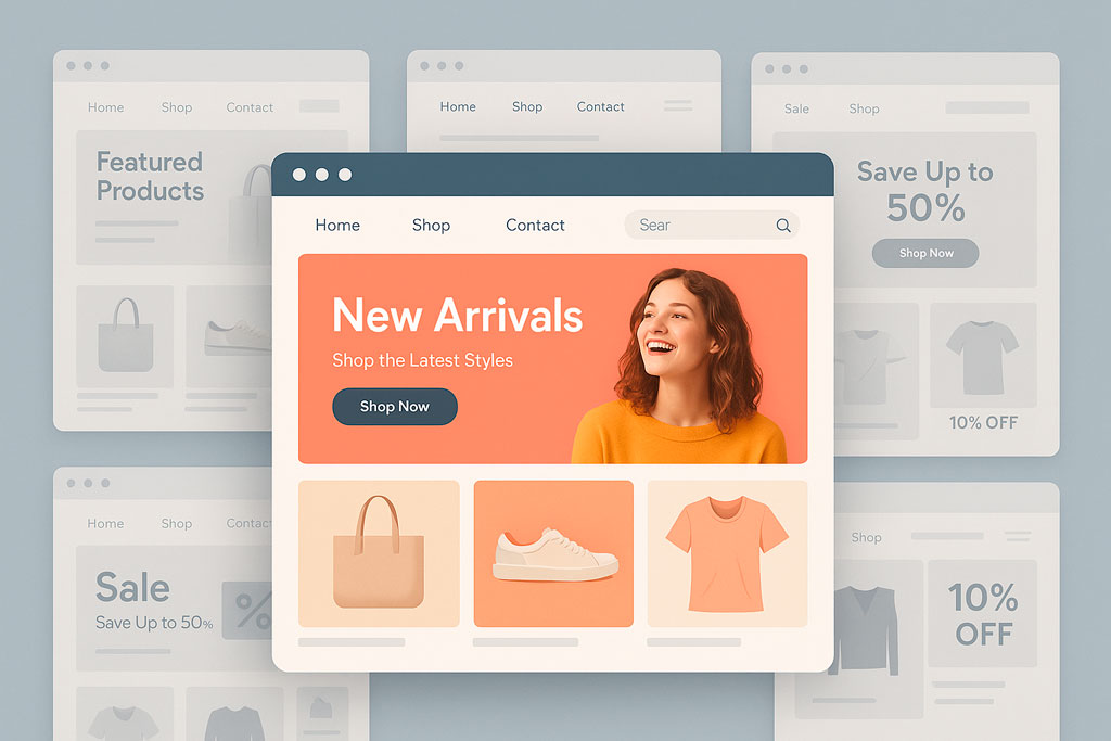 Highlighted e-commerce storefront among multiple generic templates, symbolizing custom Shopify store differentiation.