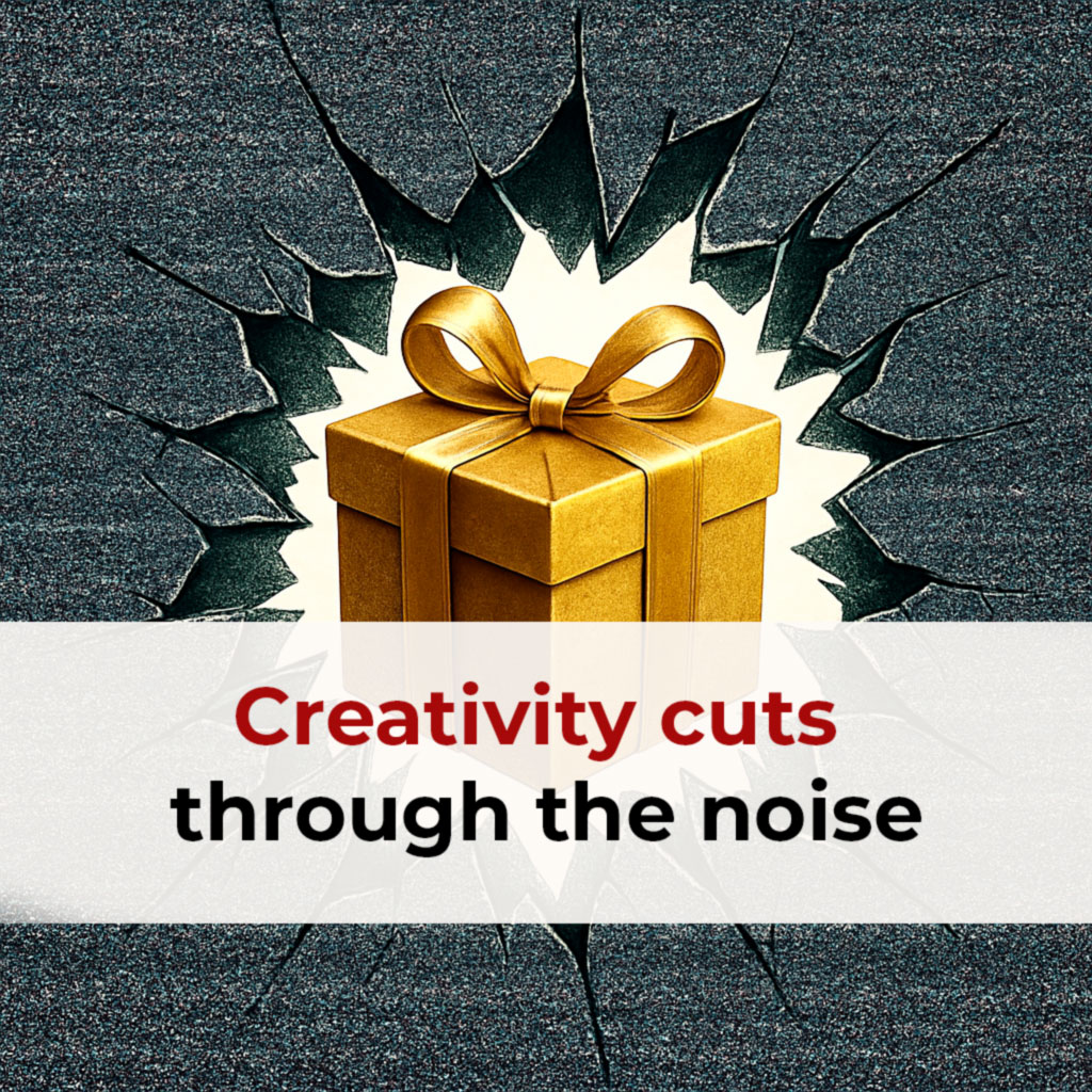 Golden gift box breaking through static screen, symbolizing how creativity stands out in the age of AI-generated content