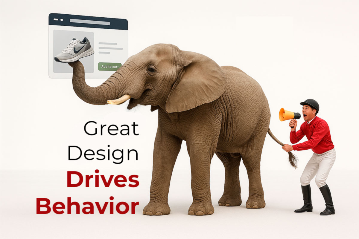An elephant pulls a sneaker from an online store page with its trunk while a jockey in red, holding a megaphone, grabs its tail, illustrating the emotional power of great UX design driving user behavior in eCommerce.
