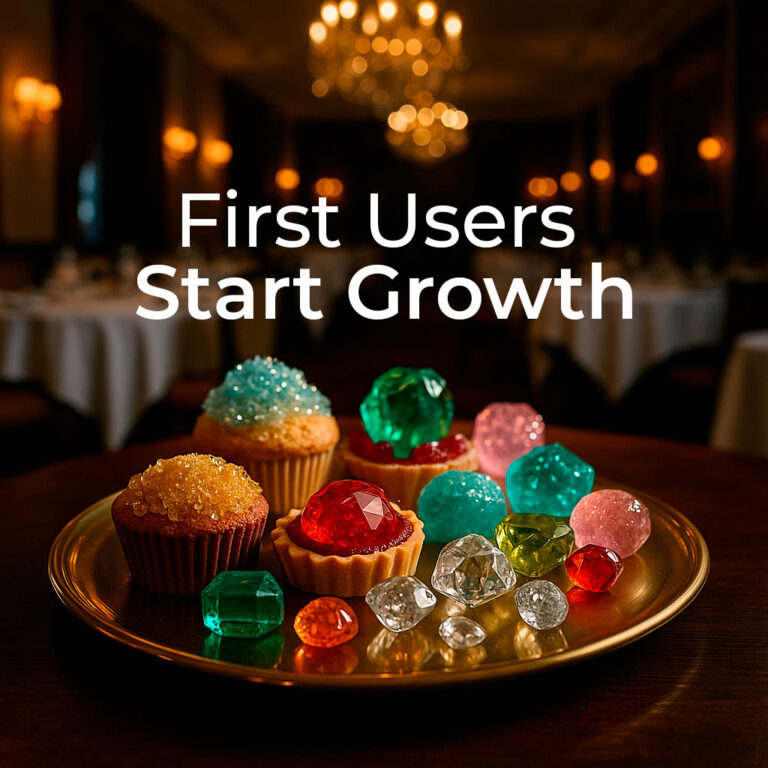 Cinematic image of an empty luxury restaurant with jewel-like desserts, symbolizing the importance of first users in product growth.