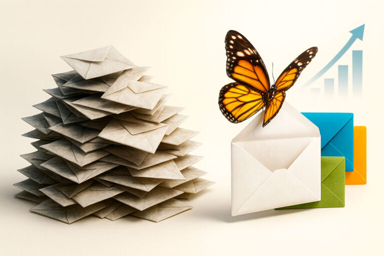 Illustration of retail email marketing transformation, showing a pile of chaotic envelopes turning into clean emails with a butterfly symbolizing growth.