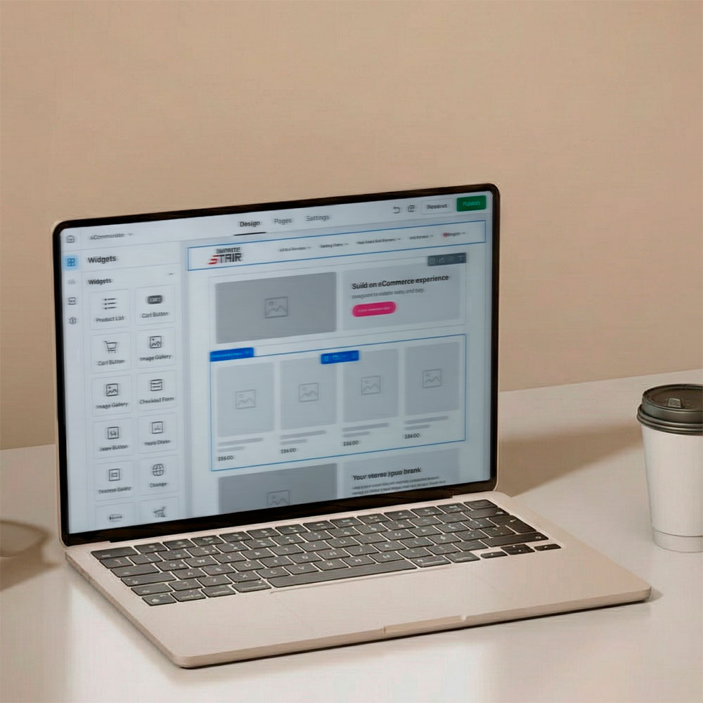 Laptop screen showing a visual e-commerce website builder with product templates and widgets