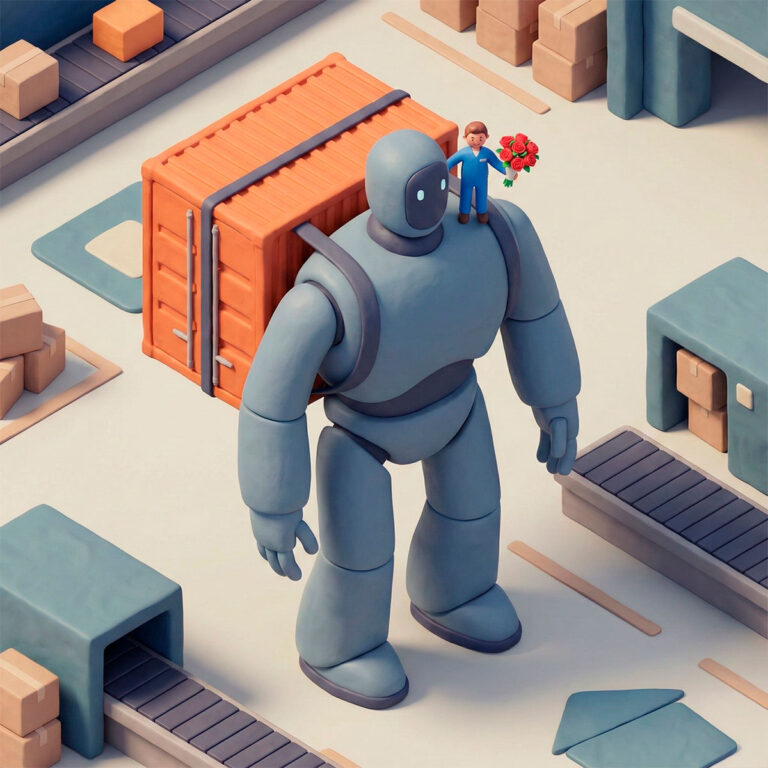 3D isometric soft clay illustration of a tiny human holding red roses standing on the shoulder of a giant logistics robot carrying a shipping container, symbolizing SMEs leveraging marketplace infrastructure.