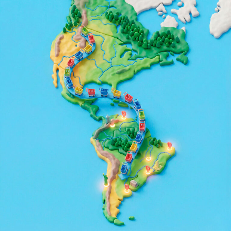3D isometric soft clay map of the Americas showing a vibrant stream of shopping carts flowing from North America to glowing destination points in South America, symbolizing e-commerce expansion.