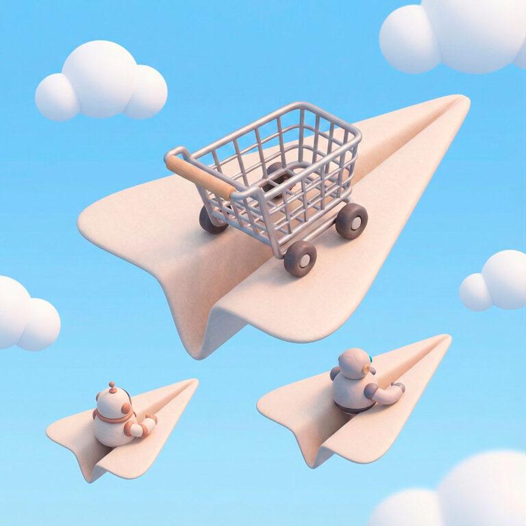 3D isometric soft clay illustration of a large paper plane piloted by a shopping cart leading two smaller planes piloted by robots, flying upwards to the right, symbolizing E-commerce outpacing AI.