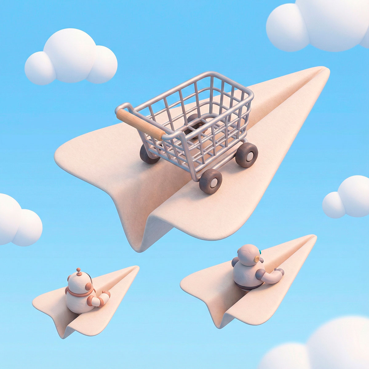 3D isometric soft clay illustration of a large paper plane piloted by a shopping cart leading two smaller planes piloted by robots, flying upwards to the right, symbolizing E-commerce outpacing AI.