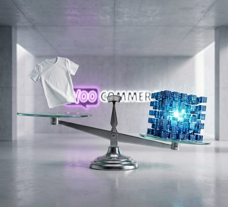 A balance scale showing a heavy block of data weighing more than a t-shirt, illustrating WooCommerce database load.