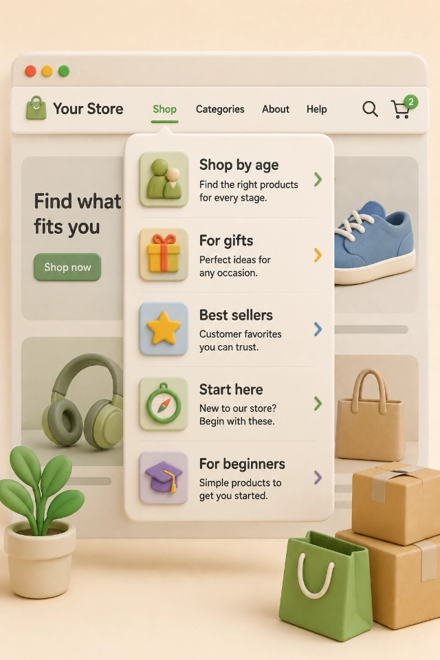 3D illustration of a customer-friendly ecommerce navigation menu organized by shopping intent, including age, gifts, best sellers, and beginner options.