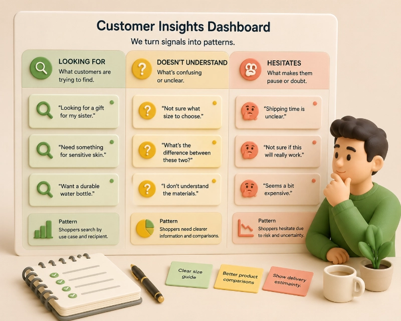 3D illustration of a customer insights dashboard organizing ecommerce feedback into what shoppers are looking for, what they do not understand, and what makes them hesitate.