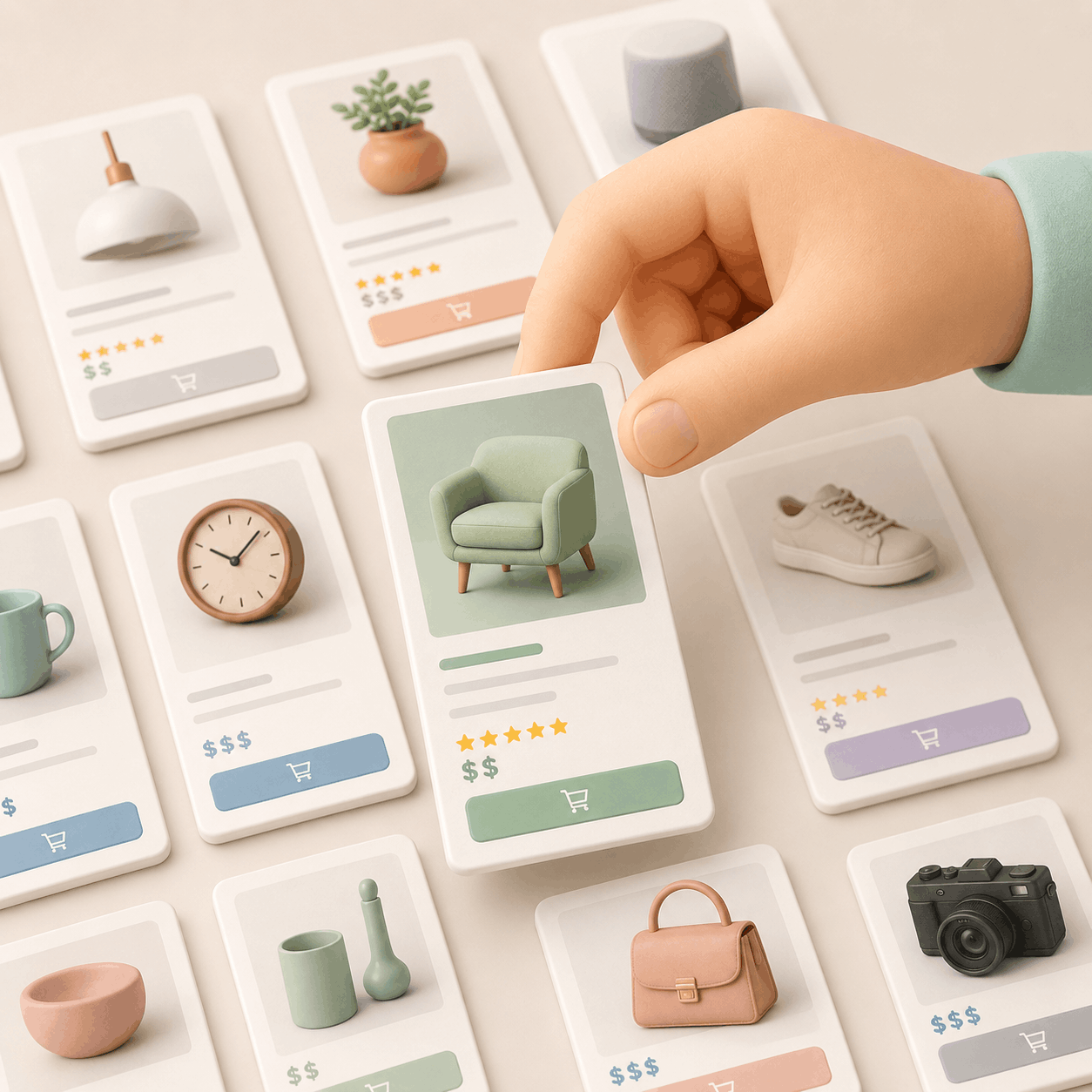 3D illustration of a hand selecting a product card in an online store