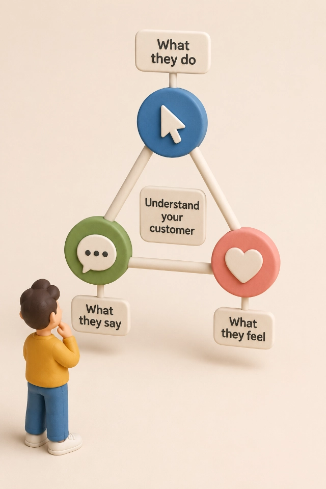 3D illustration of a user research diagram showing what customers do, say, and feel during the ecommerce shopping journey.