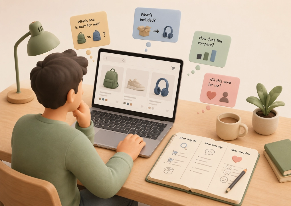3D illustration of ecommerce user research showing a person reviewing customer needs, product questions, and shopping behavior.