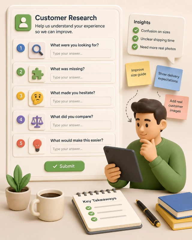 3D illustration of an ecommerce customer research survey with questions about what shoppers looked for, what was missing, and what made them hesitate.