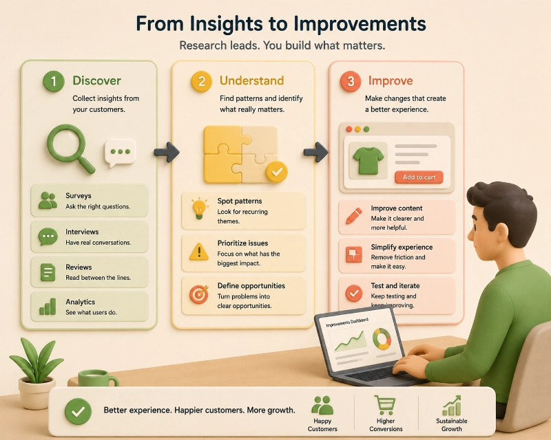 3D illustration of a Lean UX ecommerce improvement process showing how customer insights become small tests and better store experiences.