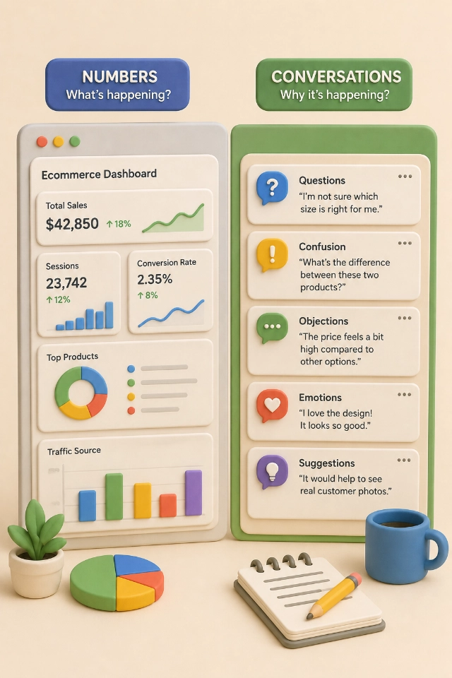 3D illustration comparing ecommerce analytics numbers with customer conversations and qualitative feedback.