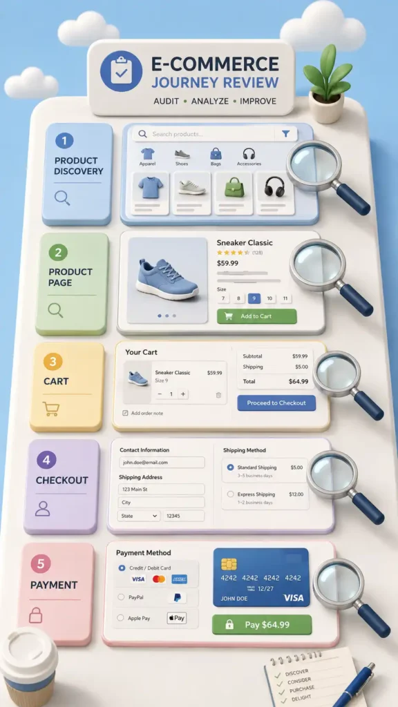 Vertical 3D ecommerce inspection board showing product discovery, product page, cart, checkout, and payment stages