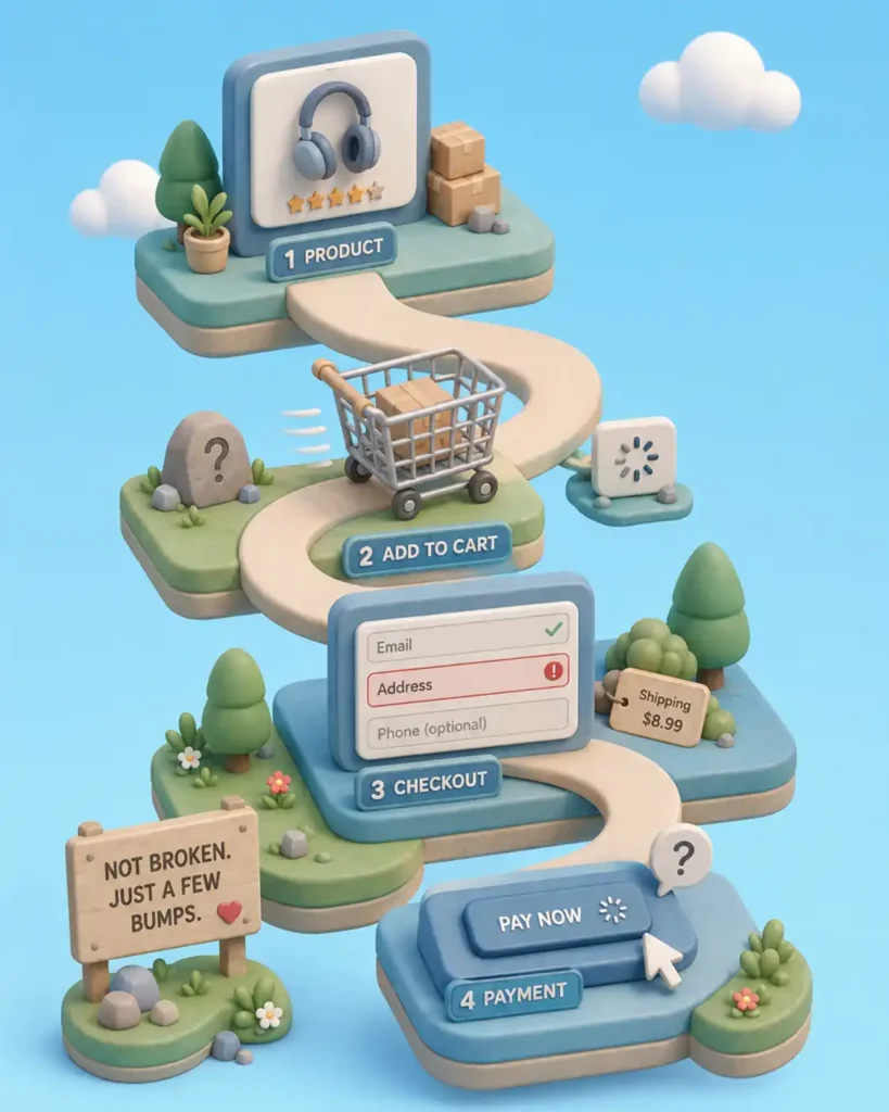 Vertical 3D ecommerce buying path showing friction points in product selection, cart, checkout, and payment