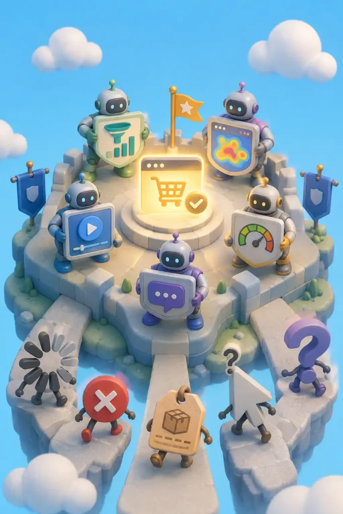3D ecommerce defenders protecting a conversion goal from friction signals like loading delays, errors, hidden costs, and confusion