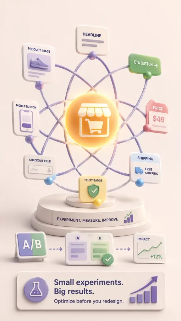3D atom metaphor showing small ecommerce experiments orbiting a conversion goal before a full redesign