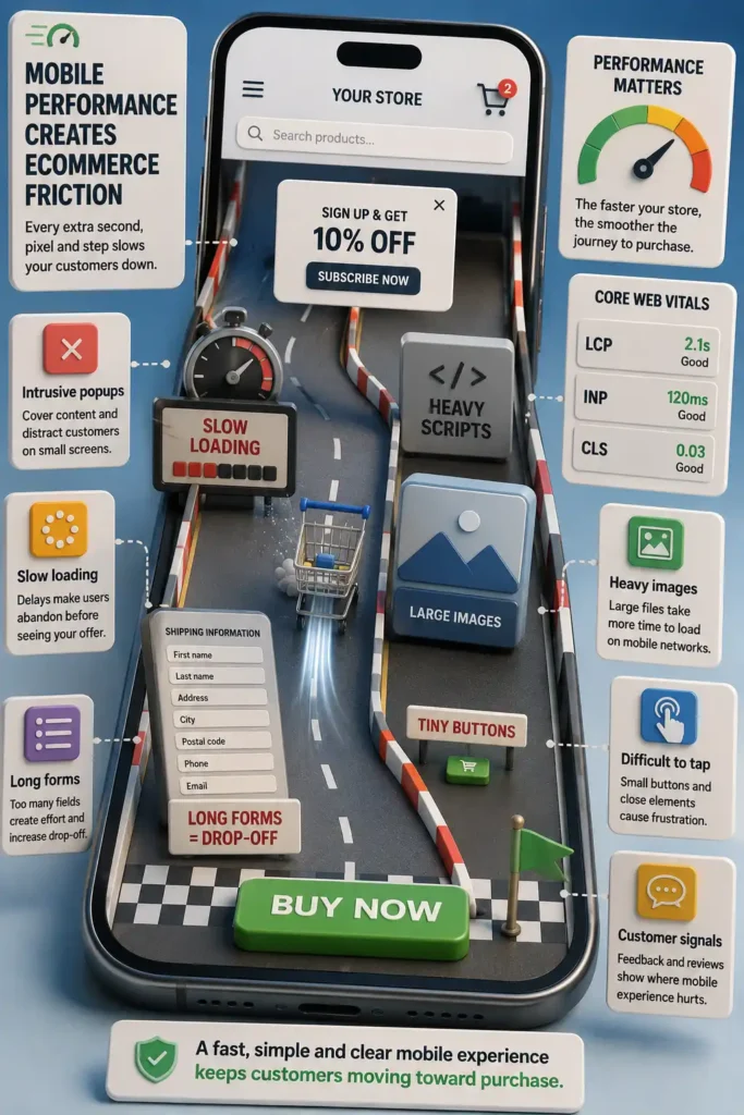 3D mobile ecommerce racetrack showing performance friction from slow loading, popups, heavy scripts, long forms, and tiny buttons