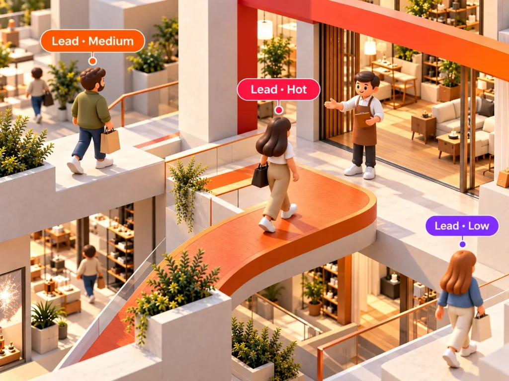 Illustration: shoppers on connected walkways labelled as hot, medium, and low leads, with a store associate welcoming one of them